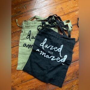 Black and Olive Linen Dust Tote Bags with Text